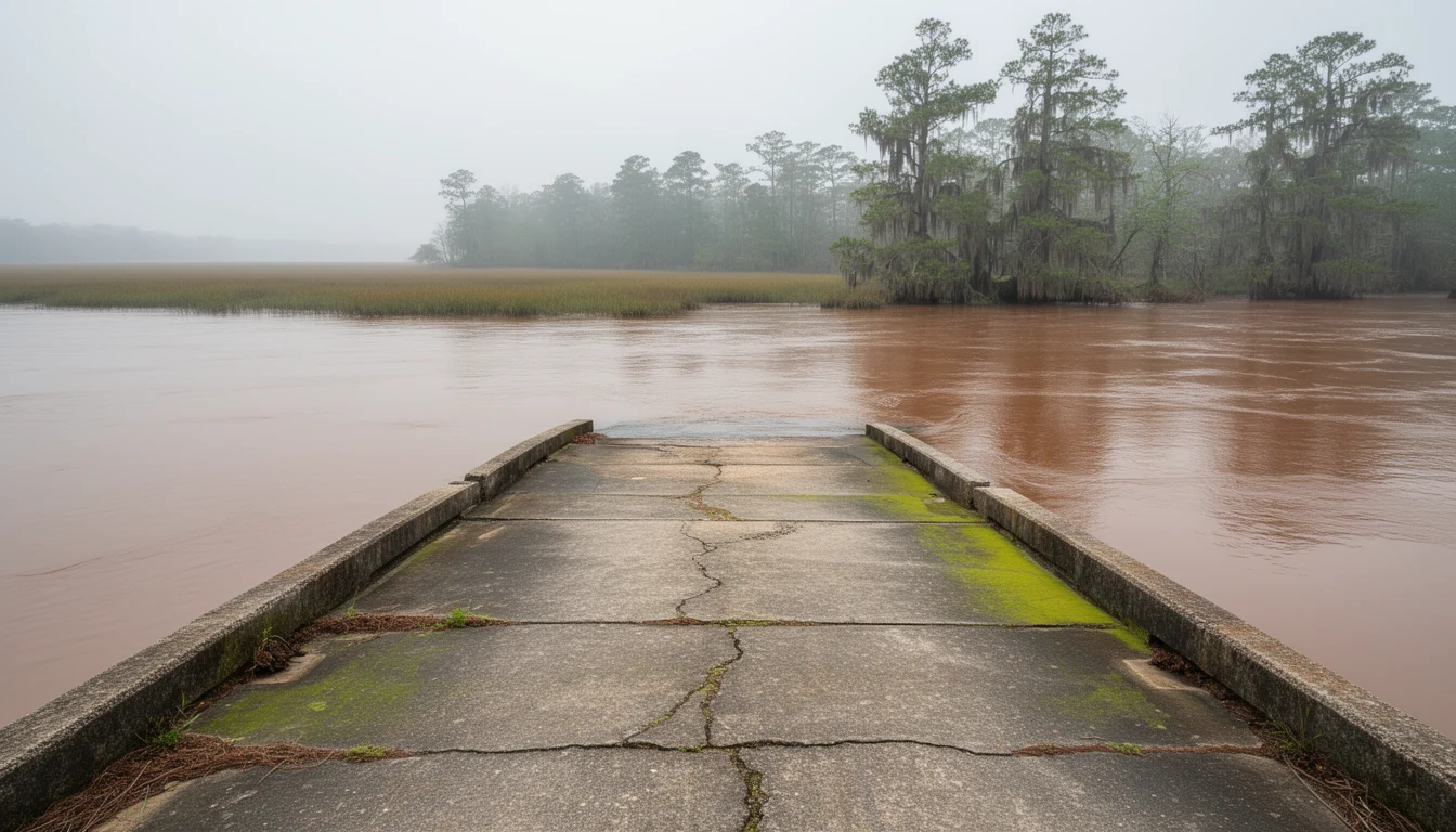 Concrete boat ramp sloping into the broad brown water of the Roanoke River near Plymouth, North Carolina