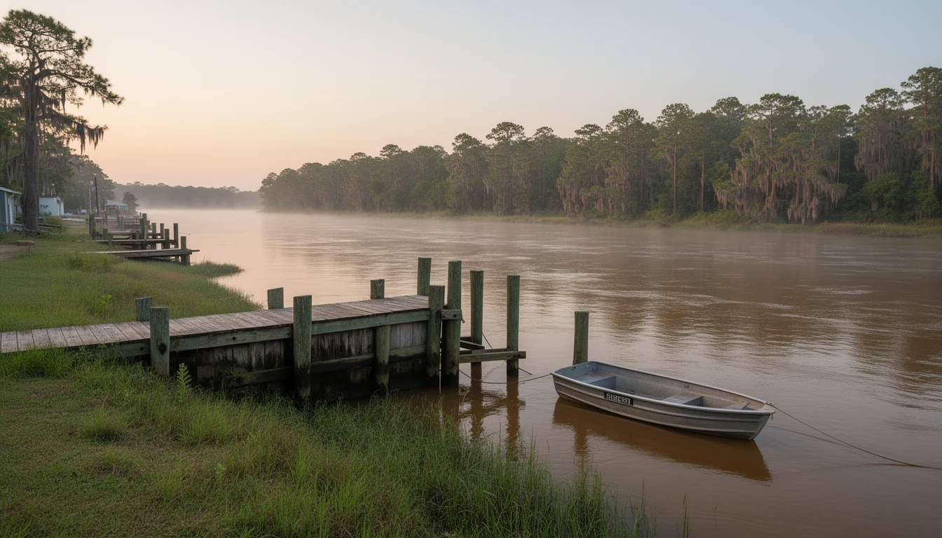 The Roanoke River at the Plymouth, North Carolina waterfront on a clear October morning