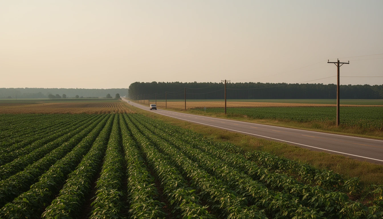 Flat farmland and a two-lane highway heading northeast out of Plymouth, North Carolina, toward the Roanoke River crossing
