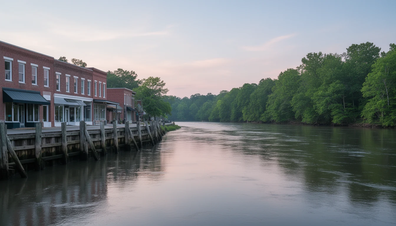 Calm Roanoke River at Plymouth, North Carolina, at first light with the historic downtown waterfront on the near bank
