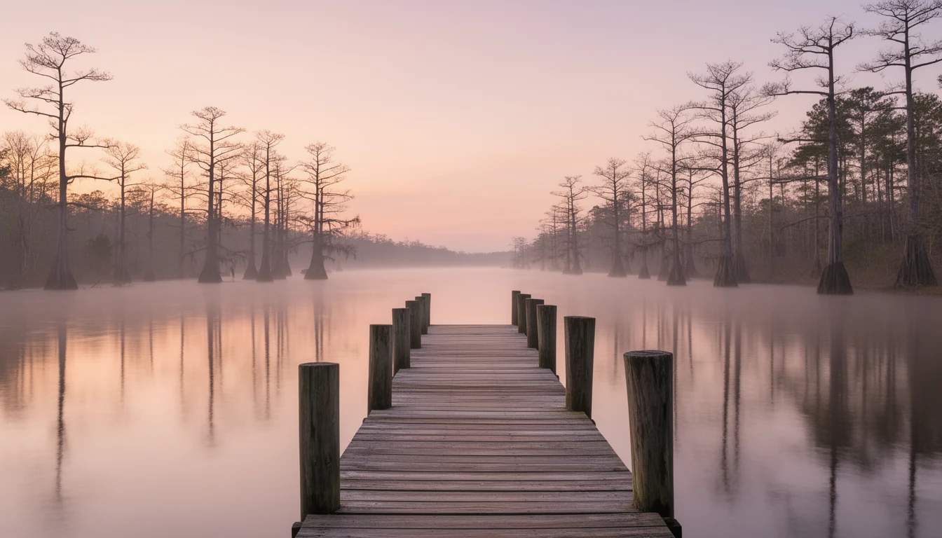 Wooden dock on the calm Roanoke River at dawn near Plymouth, Washington County
