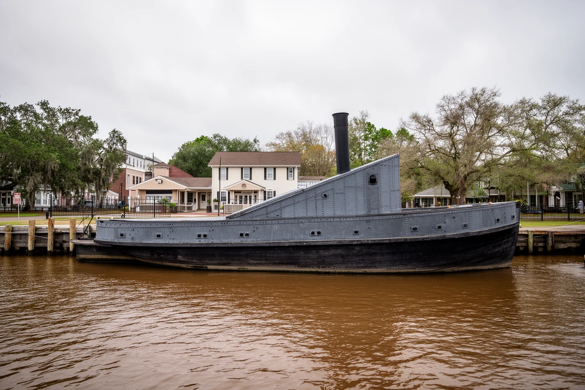 The 63-foot replica of the CSS Albemarle on the Roanoke River behind the Port O' Plymouth Museum