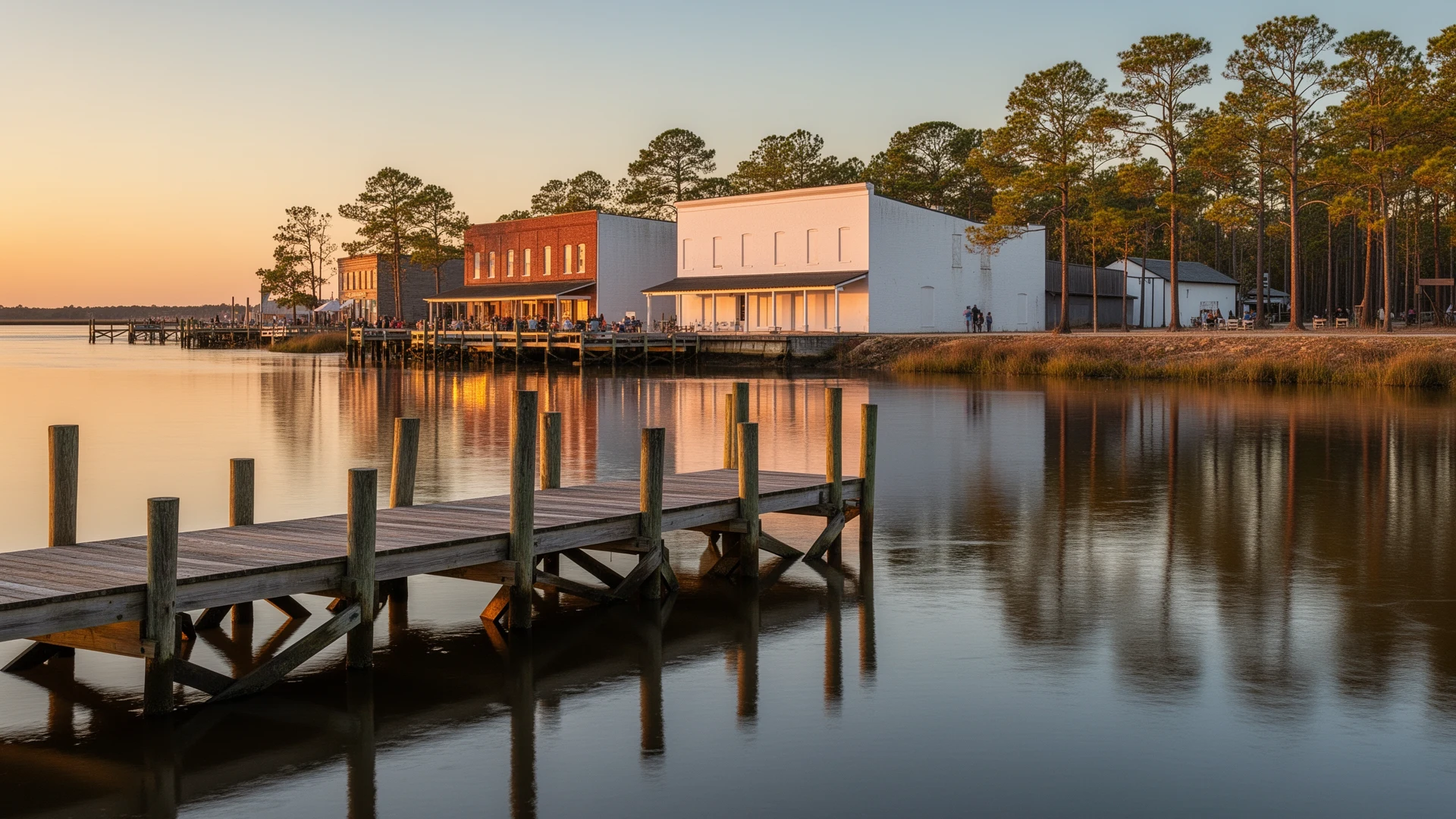 Wooden docks on the Roanoke River at dawn in Plymouth with calm river and historic riverfront buildings