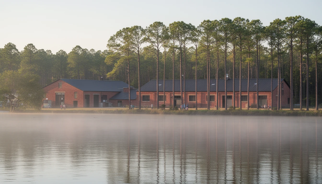 Red brick warehouses on the far bank of the Roanoke River at Plymouth, North Carolina, in low morning mist