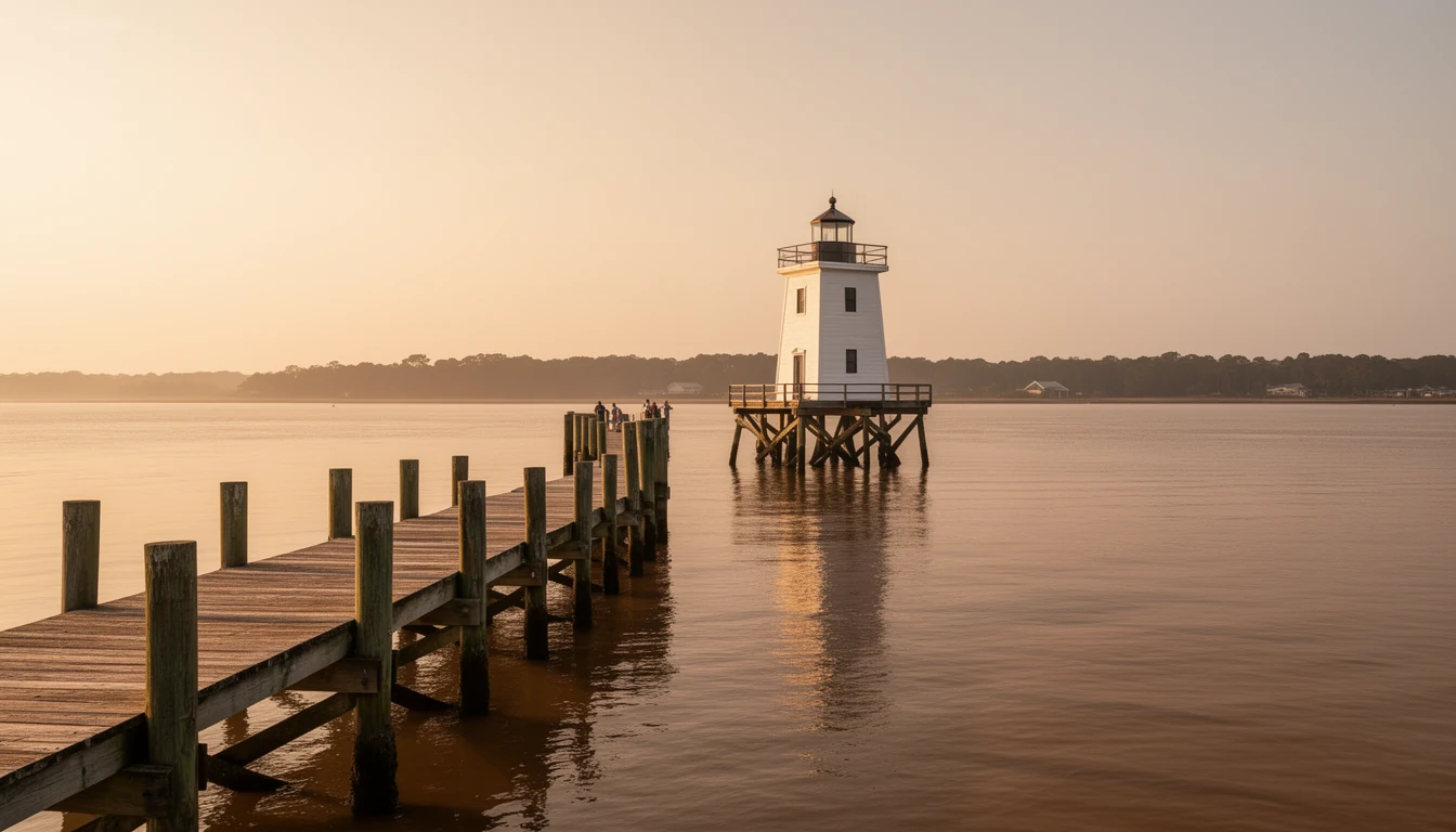 Calm, wide Roanoke River at Plymouth, North Carolina, with the historic downtown waterfront and a replica lighthouse at the river's edge