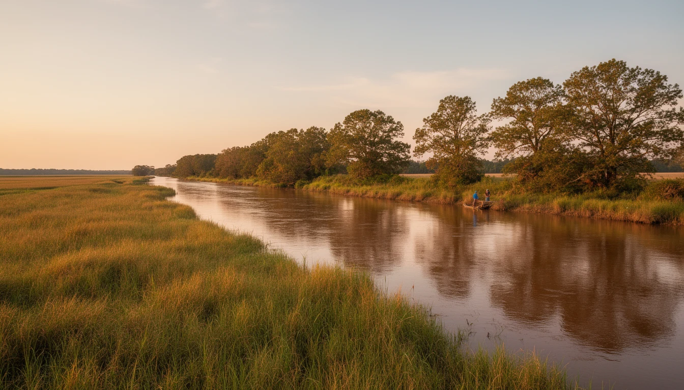 Calm, wide Roanoke River at Plymouth, North Carolina, with flat riverbank and trees