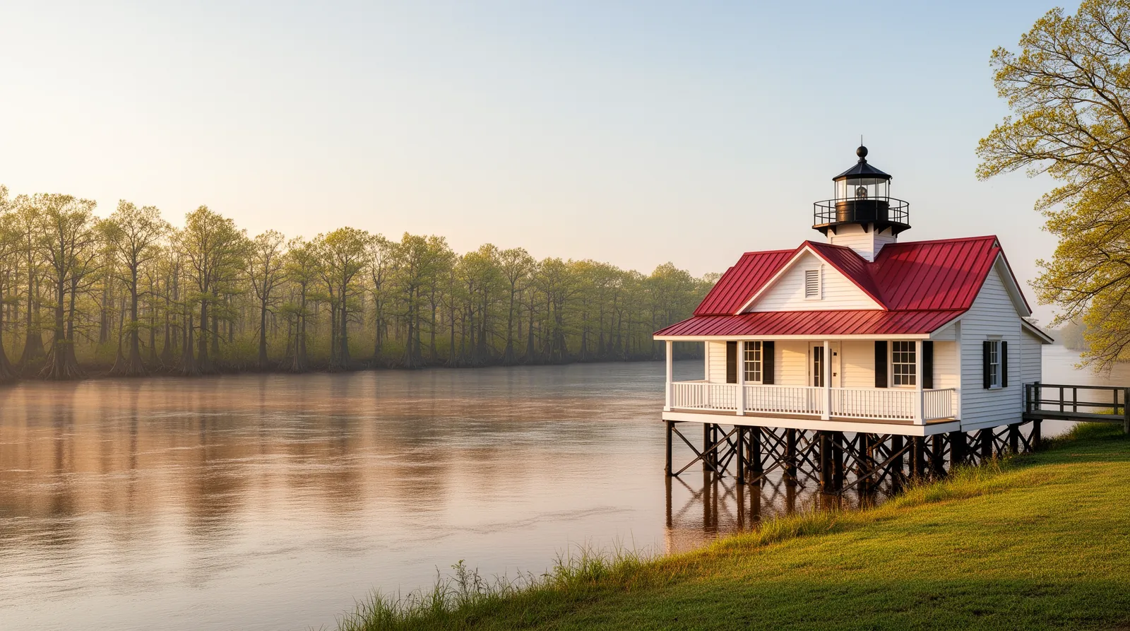 A white screwpile-style lighthouse with a red roof on the bank of the wide, calm Roanoke River in early morning light