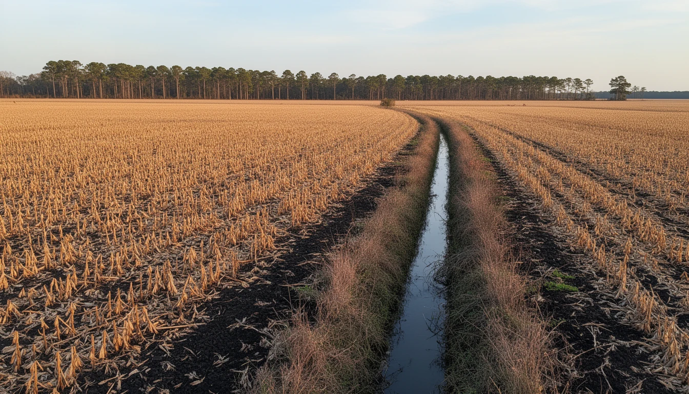 A small crossroads town in eastern North Carolina farm country, black fields and a drainage canal under an October sky