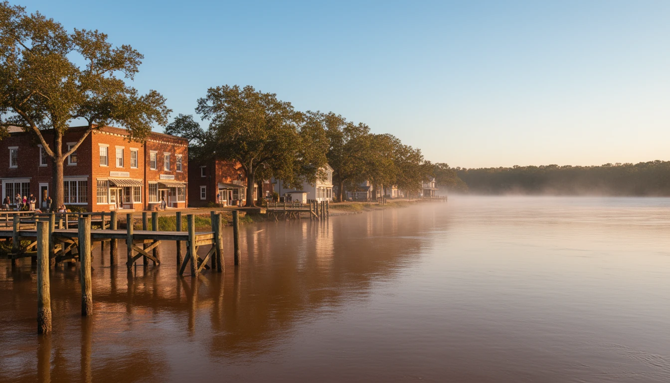 Calm Roanoke River at the foot of downtown Plymouth, North Carolina, on a clear October morning
