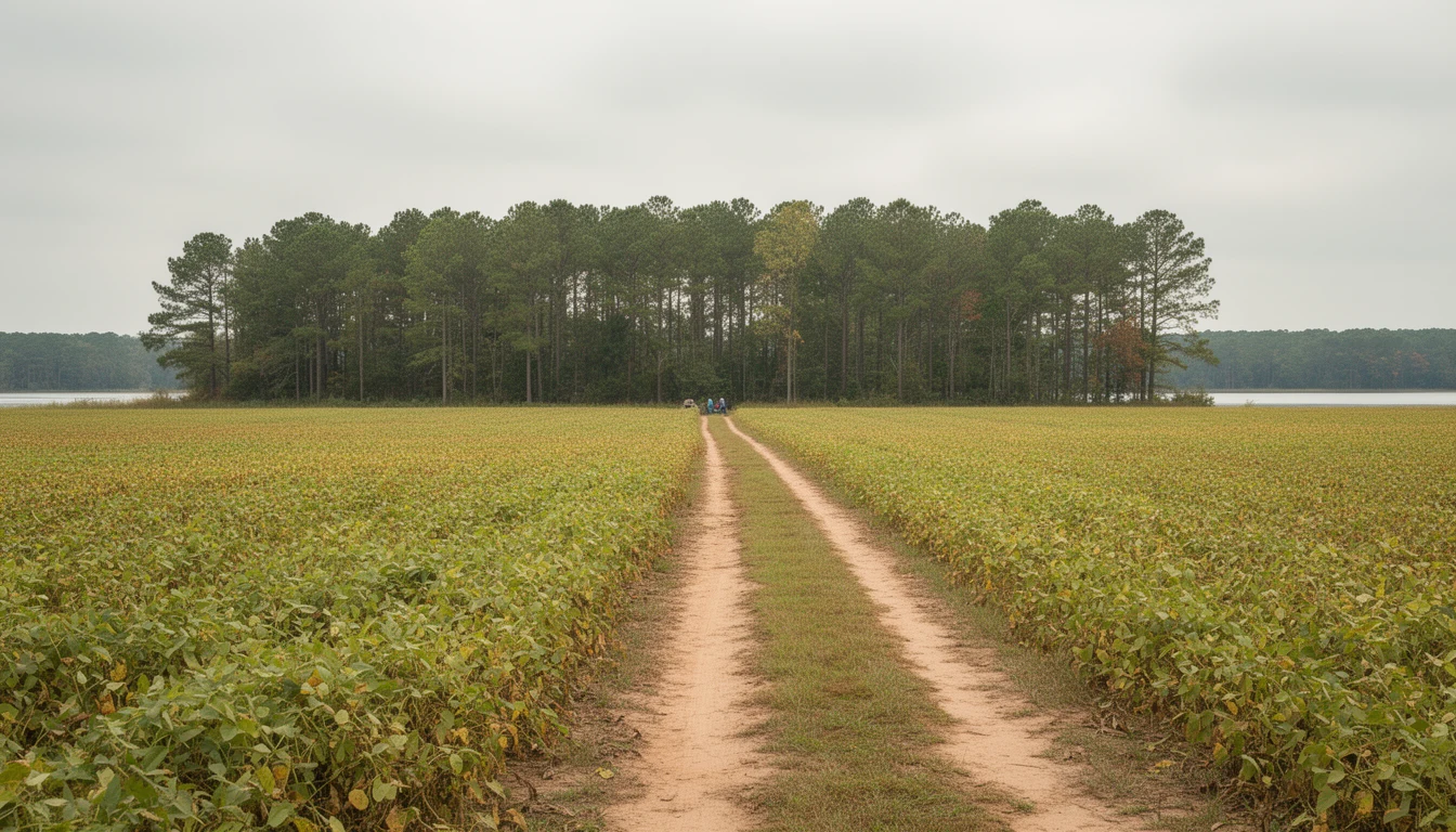 Flat soybean fields and a dirt farm lane in rural Washington County, North Carolina, in late summer