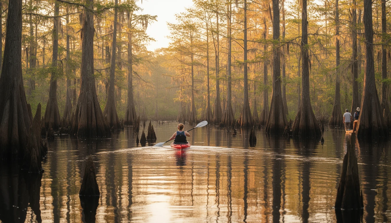 Kayak paddling on a calm blackwater river through a cypress swamp in coastal North Carolina, golden late afternoon light