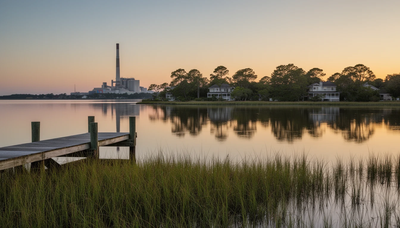 Calm Roanoke River waterfront at Plymouth, North Carolina, at dusk with a distant industrial skyline on the far bank
